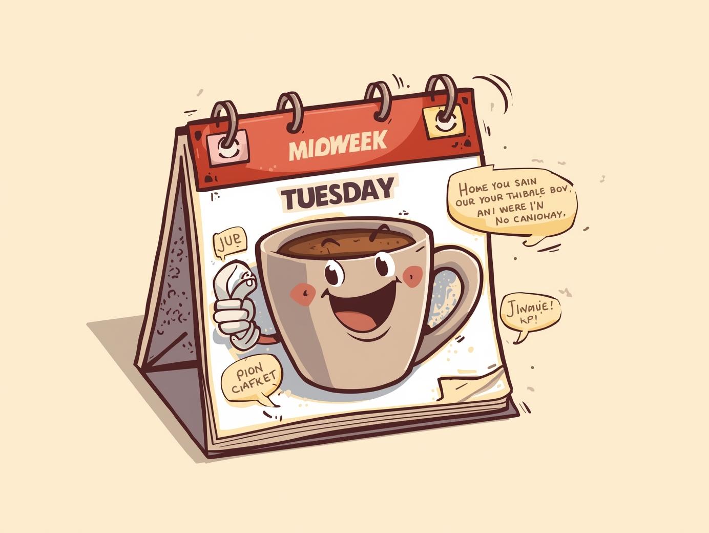 Smiling calendar and coffee cup for funny Tuesday puns