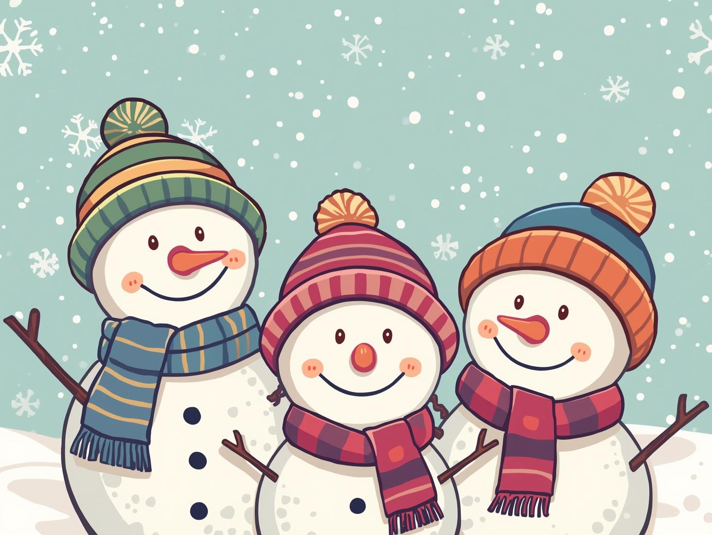 Smiling cartoon snowmen in winter scene for funny snowman jokes
